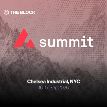 The image is a promotional graphic for "Summit" featuring "The Block" logo in the top left corner, with details indicating the event takes place at Chelsea Industrial, NYC on 16-17 Sep 2026, set against a mountainous background with a red halftone dot overlay. This serves as branding for The Avalanche Summit Day 2 panel where Crucible Founder & GP @Melt_Dem discussed the crypto-to-AI infrastructure capital migration.