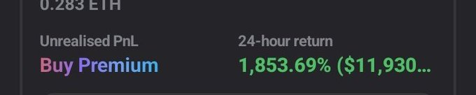 A trading interface displaying an "Unrealised PnL" showing "Buy Premium" alongside a "24-hour return" of 1,853.69% ($11,930...) for ETH, celebrating the post's gratitude for significant ETH gains.