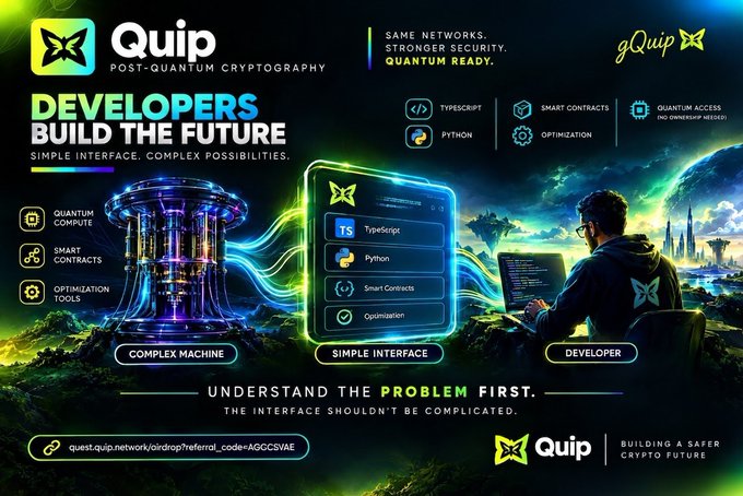 A promotional graphic for "Quip" post-quantum cryptography features a futuristic developer interface with TypeScript, Python, Smart Contracts, and Optimization tools, along with the URL "quest.quip.network/airdrop?referral_code=AGGC5VAE" and tagline "UNDERSTAND THE PROBLEM FIRST."