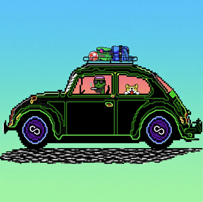Pixel art illustration of a black car with neon green outlines containing a green-skinned driver and a corgi passenger, with luggage on the roof rack, set against a gradient blue/teal background.