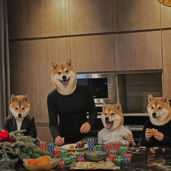 A group of figures with Shiba Inu dog heads stand behind a kitchen counter filled with poker chips, food, and Christmas decorations, with one larger figure in a black shirt standing in the center among three smaller seated figures.