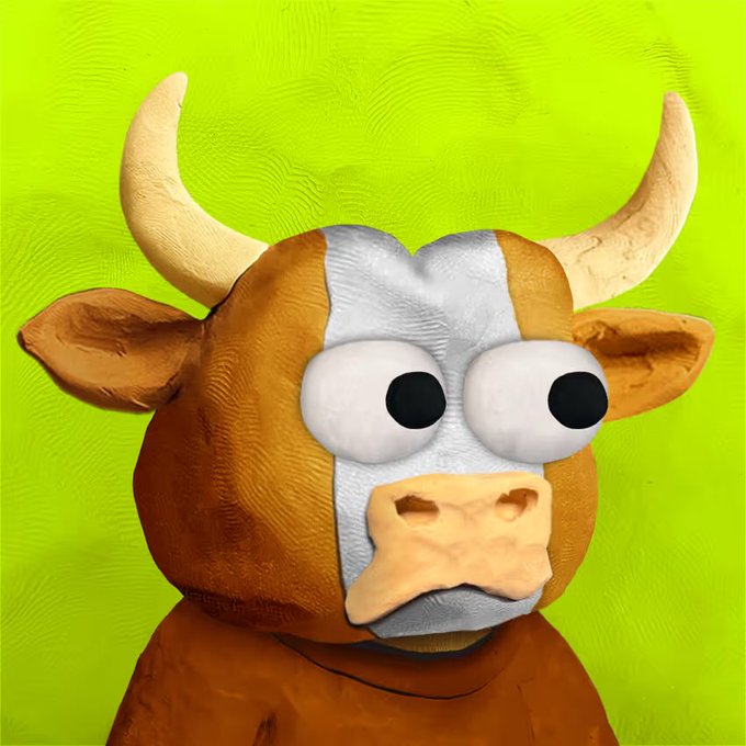 A 3D rendered cartoon cow/bull character with horns, brown and white coloring, and large bulging eyes set against a bright lime green background.