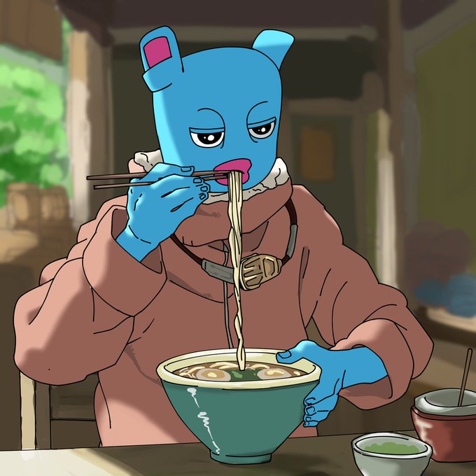 The image features a cartoon character wearing a blue shirt, eating noodles from a bowl with chopsticks while sitting at a table. The background shows an indoor setting with chairs around the dining table where the character is seated. There are also other bowls on the table, suggesting that this scene takes place in a restaurant or similar establishment.