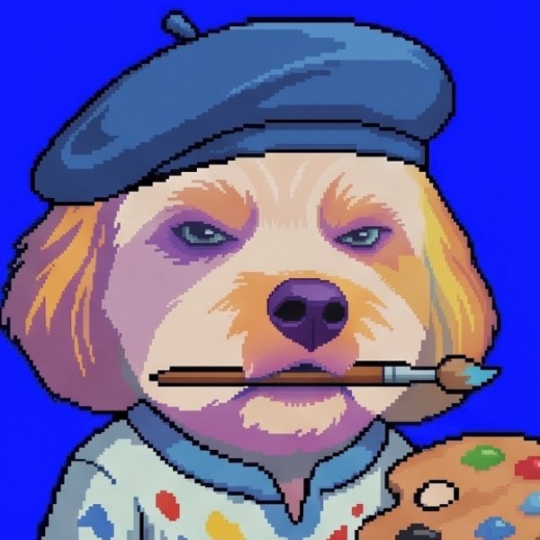 Pixel art portrait of an angry-looking dog wearing a blue beret and holding a paintbrush in its mouth, set against a bright blue background.
