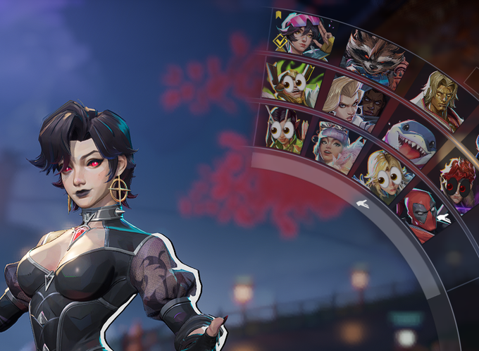 A mobile game promotional image featuring a dark-haired female anime character alongside a fan of hero/champion portraits, including recognizable faces like Deadpool and others.