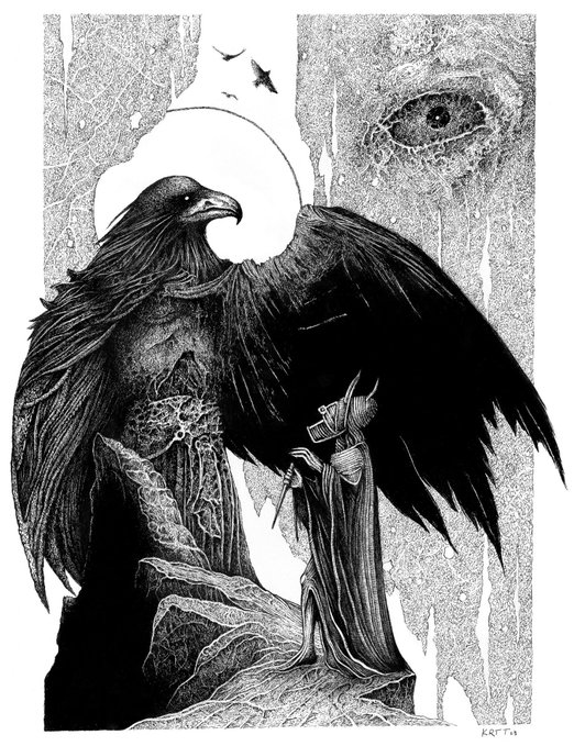 A hooded figure stands before a massive raven or crow, gazing up at a large eye above, in a detailed black-and-white illustration signed "ERF '16." The image's haunting, mythological aesthetic sharply contrasts with the caption's dismissive stance toward artistic criticism, suggesting instead a deep, uncompromising dedication to craft and vision.