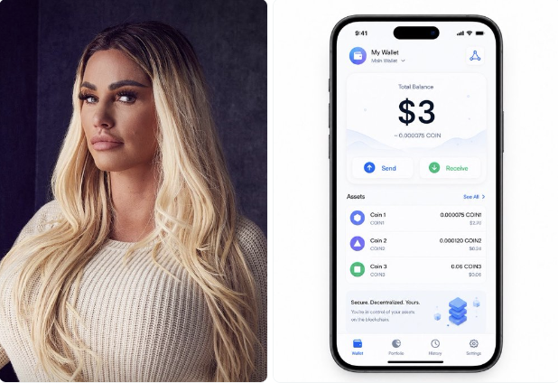 A side-by-side comparison showing a woman with long blonde hair on the left and a smartphone wallet app on the right displaying 'My Wallet', a total balance of '$3', and various crypto assets.