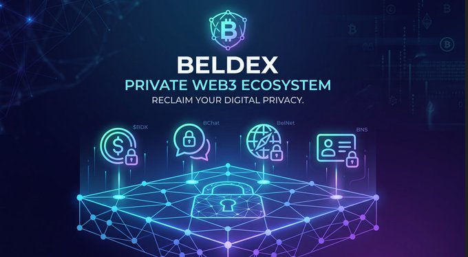 A promotional graphic for 'BELDEX PRIVATE WEB3 ECOSYSTEM' with the slogan 'RECLAIM YOUR DIGITAL PRIVACY' and icons for $BDX, BChat, BelNet, and BNS.