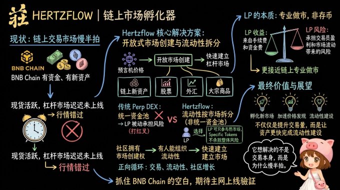 Chinese-language infographic for Hertzflow, describing it as an on-chain market incubator on BNB Chain that solves slow perp market launches through open market creation and liquidity splitting, featuring a cow-eared anime mascot.