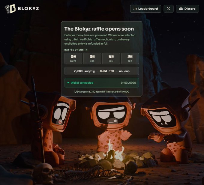 A 'BLOKYZ' raffle webpage showing 'The Blokyz raffle opens soon' with a countdown of 06 days, 06 hours, 59 minutes, 26 seconds, pricing at '7,500 supply · 0.03 ETH · no cap', wallet connected, and three cartoon caveman characters around a campfire.