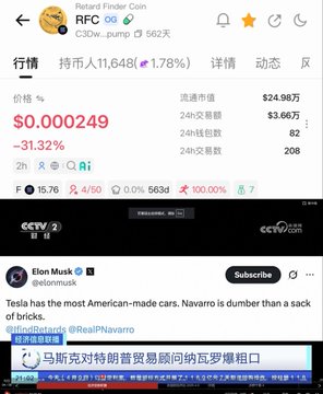 A screenshot of a mobile app showing a cryptocurrency called 'RFC' (Retard Finder Coin) with a price of $0.000249, featuring an Elon Musk tweet about Tesla and the text '马斯克对特朗普易顾问纳瓦罗爆粗口'.