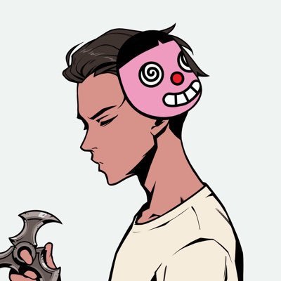 A cartoon illustration of a character in profile wearing a pink clown-like mask with swirly eyes and a red nose, holding a spiked metallic weapon.