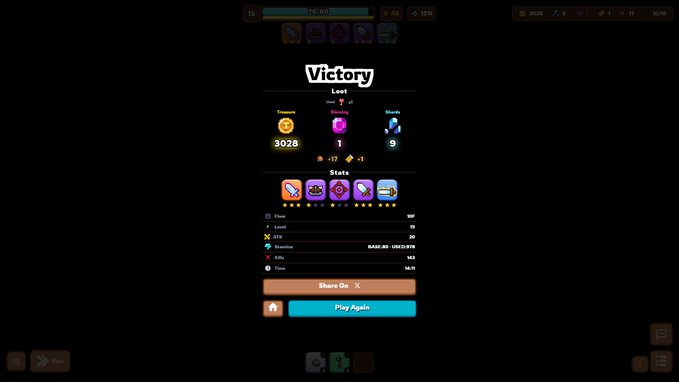 A "Victory" screen from a video game displaying loot and stats, with a score of 3028 resources, 1 enemies defeated, and 9 deaths, along with options to "Share On X" or "Play Again."