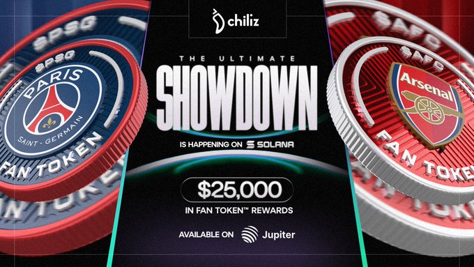 The image features a promotional poster that showcases the event "The Ultimate Showdown" taking place at the Palace of Justice in Paris, France. It emphasizes that the stakes are high as there is an opportunity to win up to $25,000 for joining the competition. The poster includes two different coins or tokens from the event - one red and white and another blue and white. These tokens represent the teams participating in the match, each with a unique design. The background of the poster has a dark tone and features various texts and logos that provide more details about the event, such as "The Ultimate Showdown", "€25,000 Fan Tokens" and "@solana".