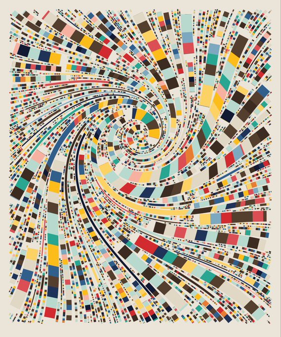 An abstract geometric mosaic art piece featuring concentric spirals made of small multicolored rectangular tiles radiating from a central point on a white background.