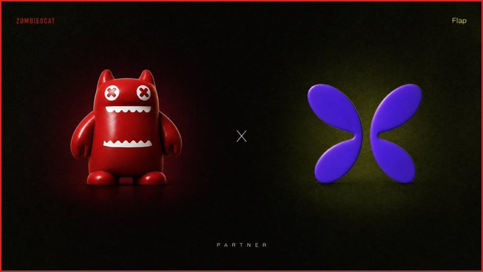 A promotional graphic showing a collaboration between 'ZOMBIESCAT' (a red cat-like figure with X eyes) and 'Flap' (a purple butterfly symbol), labeled 'PARTNER' at the bottom.
