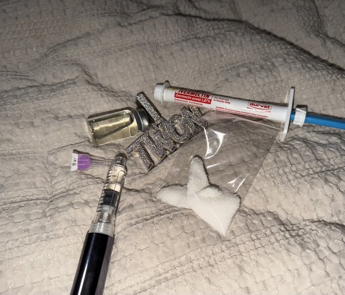 A syringe labeled "TESTOSTERONE Cypionate 1000mg/10mL" from "Aurvet" lies next to a rhinestone-encrusted "D" pendant, a cologne bottle, and a small bag of white powder on a plush surface—suggesting a satirical take on extreme self-enhancement routines referenced in the "horsemaxxing" post.