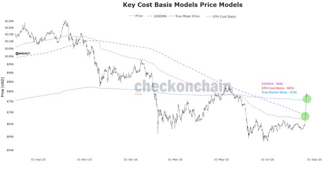 The “Key Cost Basis Models Price Models” chart for Bitcoin compares price with the 200DMA, True Market Mean, and STH Cost Basis, highlighting near $68k–$70k and labeled STH Cost Basis at 967, 200DMA at 988, and True Market Mean at 978. It illustrates Bitcoin passing through major support zones, aligning with the post’s claim that the price may be moving beyond normally sustainable levels.