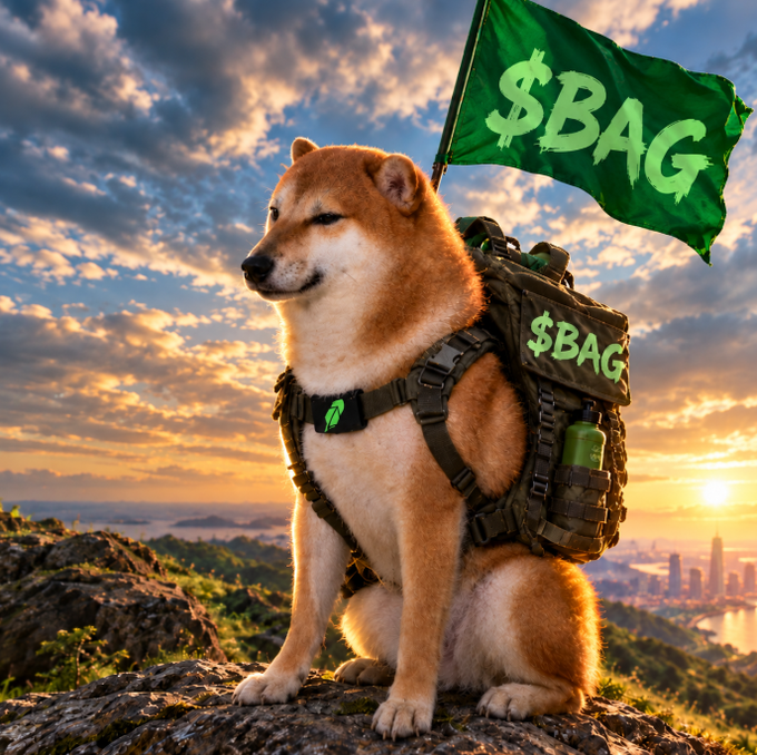 A Shiba Inu dog sitting on a rocky hilltop at sunset, wearing a tactical backpack and carrying a green flag that reads '$BAG', with a city skyline visible in the distance.