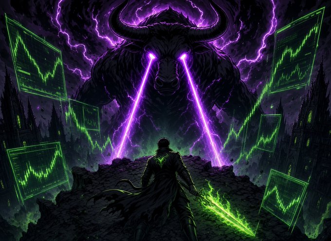 A dramatic fantasy illustration showing a warrior with a glowing green sword standing before a massive purple-eyed bull/horned creature emanating purple lightning beams, surrounded by multiple green trading chart screens displaying price movements.