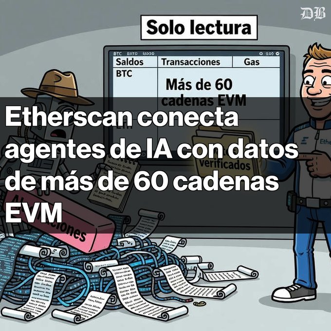 A Spanish-language graphic reading 'Solo lectura' and 'Etherscan conecta agentes de IA con datos de más de 60 cadenas EVM', featuring cartoon characters and a tablet interface.