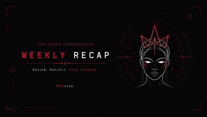 The image features a poster with a woman's face, which appears to be a cartoon or illustration of a person wearing a crown. The poster has red text that reads "Weekly Recap" at the top, followed by "Red Queen Transmission Weekly Review". Below this, there is a description of the post in black text.