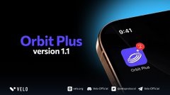 A promotional graphic for 'Orbit Plus version 1.1,' showing a smartphone displaying the app's logo with a 'NEW' badge, and logos for Yelo, Ethos, Sling Wallet, and WalletConnect at the bottom.