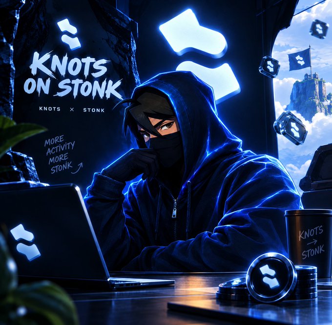 Digital artwork of a hooded, masked figure at a laptop with the text 'KNOTS ON STONK' and 'MORE ACTIVITY MORE STONK' visible, surrounded by floating coins bearing a logo.
