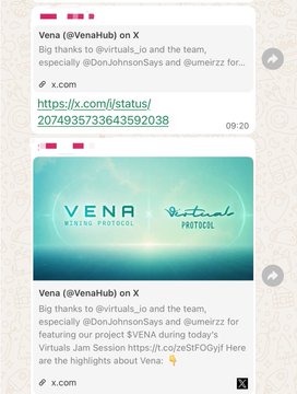 The image shows two X (Twitter) posts from @VenaHub thanking @DonJohnsonSays and @umerzz for featuring their project $VENA during a Virtuals Jam Session, sharing a link to a highlights video. The posts feature the Vena Rising Protocol logo and reference a project called $VENA with a brief description about a "50x" call that grew to "60x."
