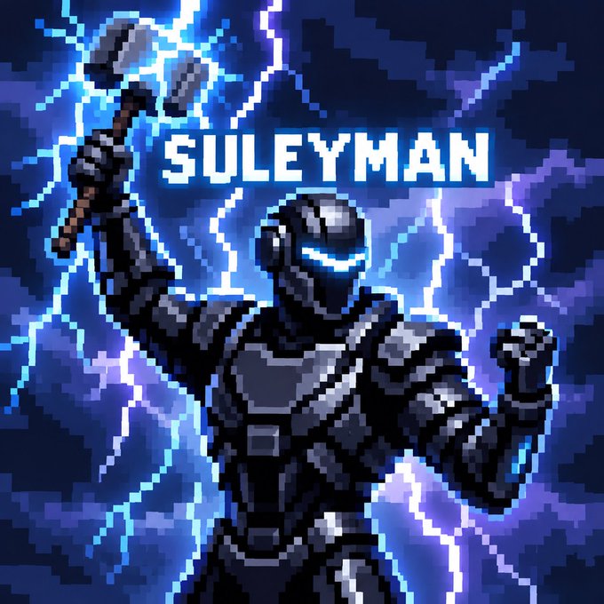 A pixel art style illustration shows a futuristic armored warrior wielding a hammer amid blue lightning, with the name "SULEYMAN" displayed prominently.