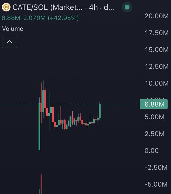 The image shows a 4-hour volume chart for the CATE/SOL trading pair on a decentralized exchange, displaying volumes ranging from -5.00M to 20.00M, with the current volume highlighted at 6.88M and showing a 2.070M (+42.95%) increase.

The chart's recent sharp volume spike and price activity suggests renewed trading interest in CATE/SOL, contradicting the poster's claim of having sold their holdings and disengaged from the token 9 hours ago.