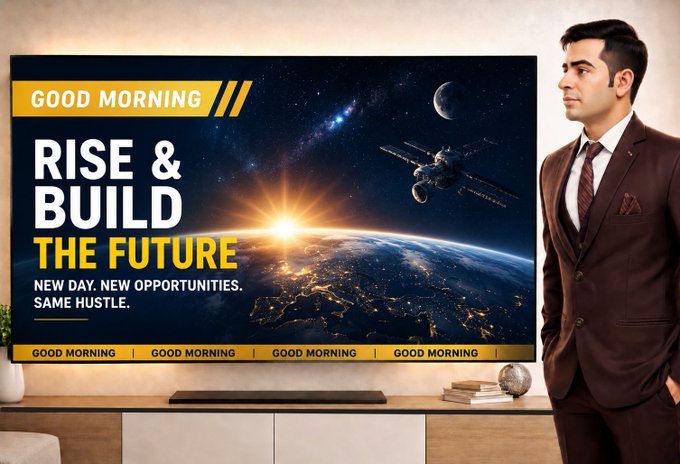 The image features a man wearing a suit standing next to a large flat screen TV displaying an advertisement for "Good Morning gQuack Champions are made during quiet mornings and consistent effort Stay positive, stay active and let the gains follow @base @wallchain". The man is dressed in a suit and tie.