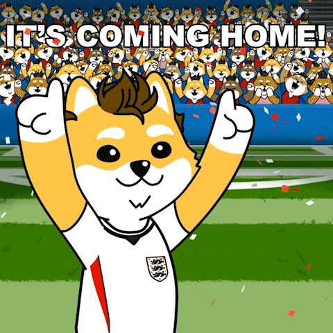 urns of confetti surround a cheering crowd, with a cartoon dog holding up its arms and giving the "it's coming home!" thumbs-up gesture.