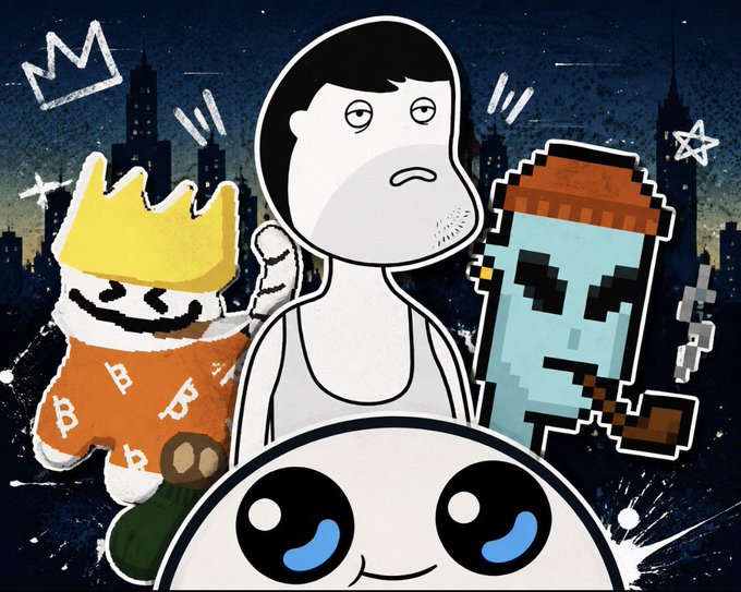 A cartoon illustration shows a character giving the middle finger, standing between a Bitcoin-themed cat wearing a crown and a pixelated figure, with a city skyline in the background.