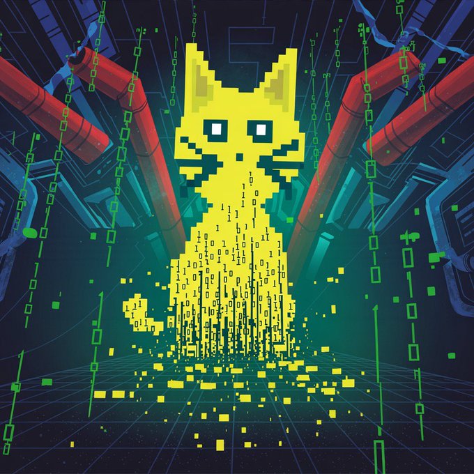 A pixelated yellow cat character partially disintegrating into binary code (1s and 0s) against a dark cyberpunk background featuring red pipes, green data streams, and a digital grid floor.