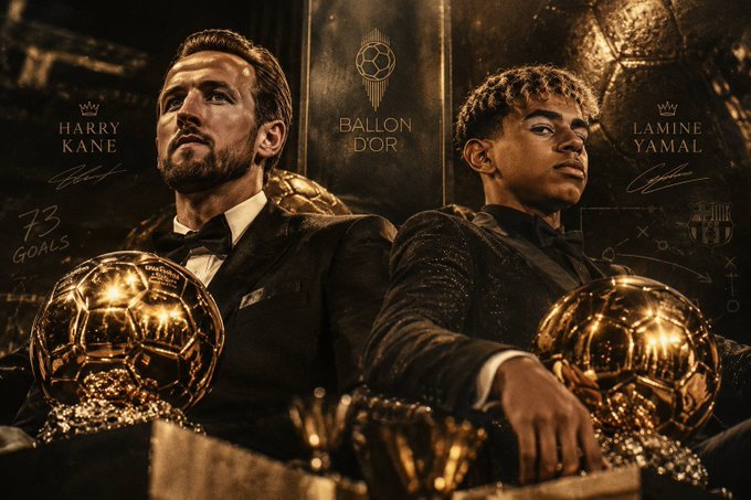 A promotional graphic for the Ballon d'Or features footballers Harry Kane and Lamine Yamal in formal attire, with Kane's stats showing '73 GOALS' and Yamal's age listed as 18.