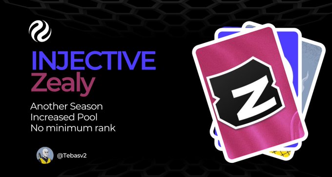 Promotional graphic for an Injective Zealy campaign featuring a pink "Z" card stack, highlighting "Another Season, Increased Pool, No minimum rank" with a 500 INJ (~$2,500) bi-weekly reward pool, credited to @Tebasv2.