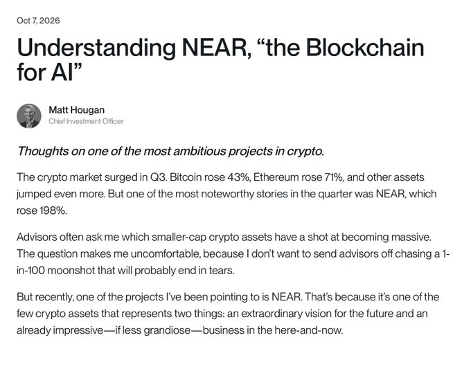 An article titled "Understanding NEAR, 'the Blockchain for AI'" dated Oct 7, 2026 by Matt Hougan, Chief Investment Officer, discusses crypto market gains in Q3 and highlights NEAR's 198% rise.
