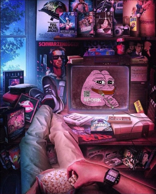 A retro 1980s-style illustration shows a person relaxing with their feet up, holding popcorn, surrounded by VHS tapes and movie posters including 'SCHWARZENEGGER', 'THE EMPIRE STRIKES BACK', and 'GOONIES', with a TV displaying a Pepe the Frog-like face labeled 'SPORK'.