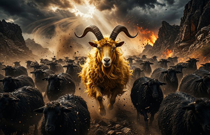 A vibrant golden ram leads a herd of black sheep through a dusty, dramatic landscape. This image aligns with the post's title "领头羊" (leading sheep) and the provided address.