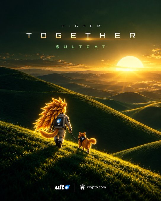 A promotional poster titled 'HIGHER TOGETHER SULTCAT' showing an anime-style spiky-haired character walking with a Shiba Inu dog across green hills at sunset, with 'ult' and 'crypto.com' logos at the bottom.