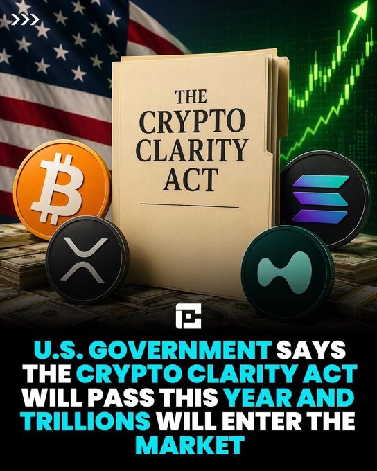 News-style graphic featuring a document titled 'THE CRYPTO CLARITY ACT' with Bitcoin, XRP, and Solana coins, captioned 'U.S. GOVERNMENT SAYS THE CRYPTO CLARITY ACT WILL PASS THIS YEAR AND TRILLIONS WILL ENTER THE MARKET.'