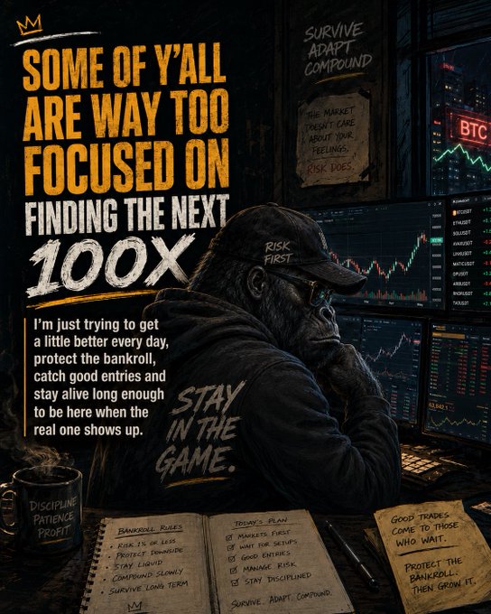 A motivational trading poster features a gorilla in a cap with text emphasizing risk management: "SOME OF Y'ALL ARE WAY TOO FOCUSED ON FINDING THE NEXT 100X" and "STAY IN THE GAME," with trading rules and plans written on a notebook.