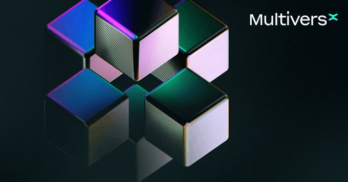A stylized graphic featuring interconnected metallic cubes in green, purple, and white on a dark background with the 'MultiversX' logo in the upper right corner.