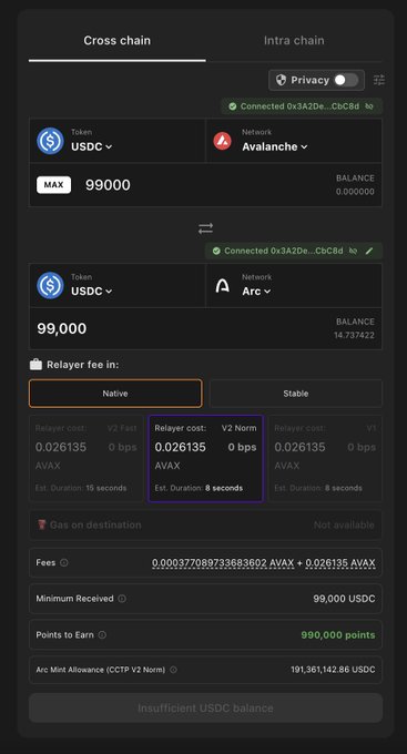 The image shows the Cashmere exchange interface displaying a cross-chain bridge transaction for swapping 99,000 USDC from Avalanche network to Arc network, with a highlighted "V2 Norm" relayer option showing an 8-second estimated duration and 0.026135 AVAX relayer cost. The "Insufficient USDC balance" warning at the bottom illustrates a transaction attempt on the newly launched Arc mainnet native bridge.