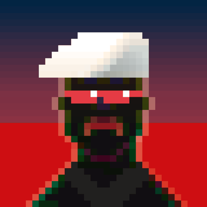 A pixel art portrait of a character wearing a white beanie and dark clothing against a red and dark purple background.
