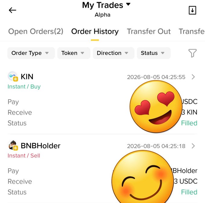 The image shows a "My Trades" order history on Alpha exchange displaying two filled transactions from August 5, 2026: a KIN Instant Buy order and a BNBHolder Instant Sell order, both marked as "Filled." The accompanying post references taking profit on BNBHolder at 90x for 30% gains, then immediately buying KIN with those proceeds—an action that matches the two sequential trades visible in the screenshot (BNBHolder sell followed by KIN buy), with emojis added to celebrate the profitable trades.