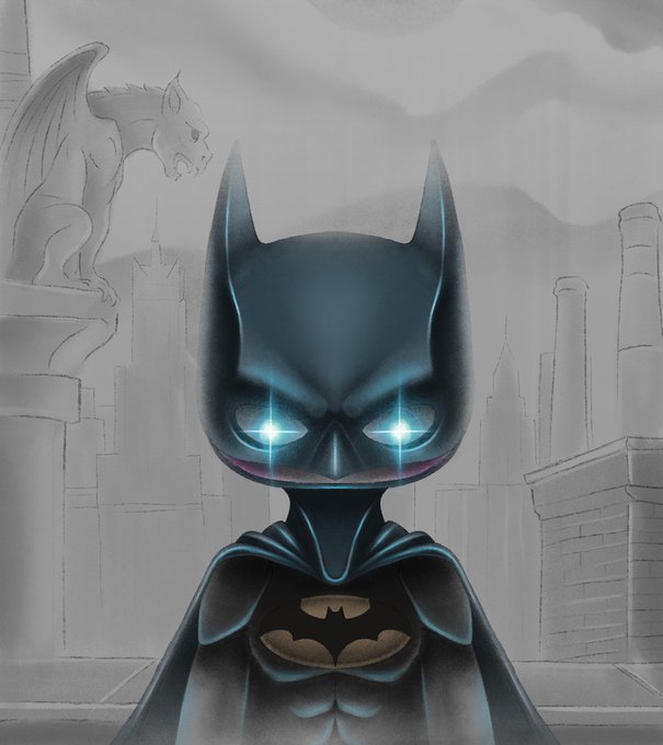 A stylized illustration of a Batman-like figure with glowing blue eyes stands in front of a grey gargoyle and city skyline.