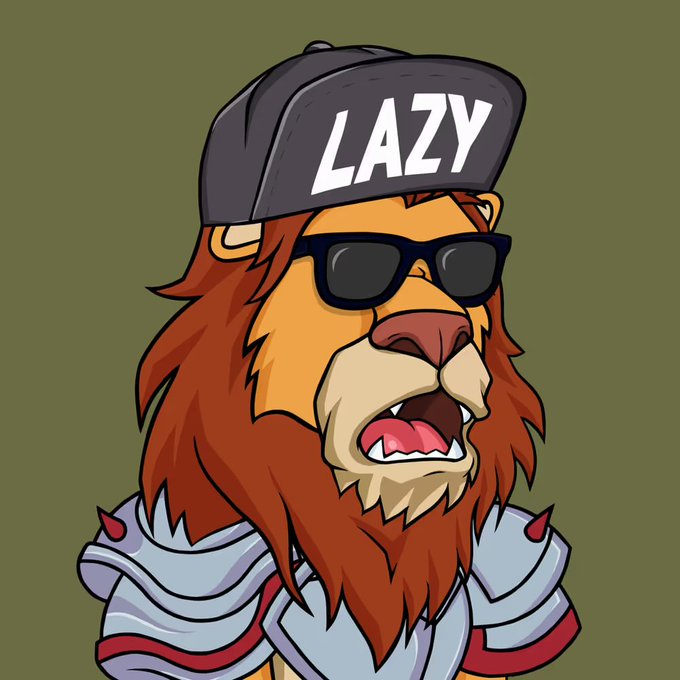 A cartoon illustration of a lion wearing a grey baseball cap with 'LAZY' written on it, sunglasses, and spiked shoulder armor.