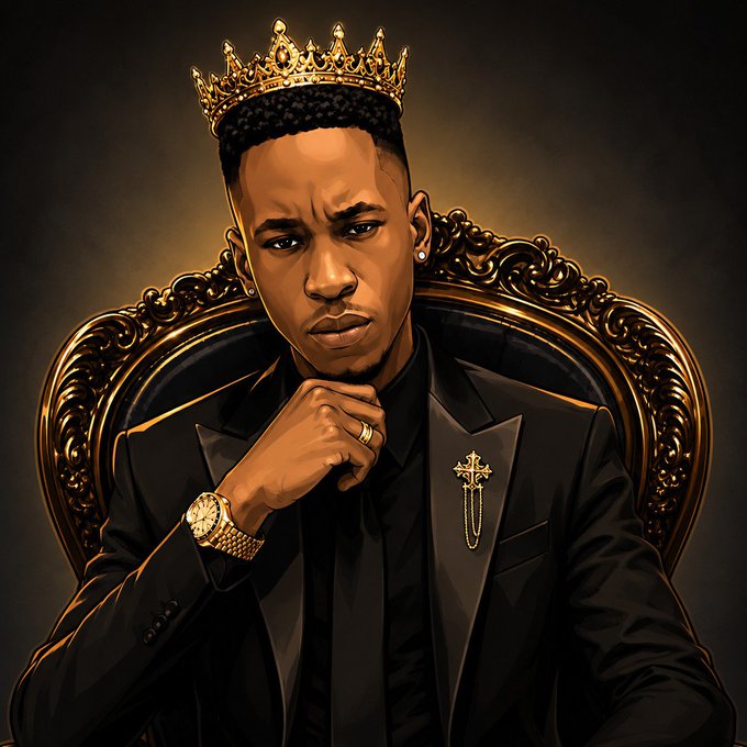 A digital illustration portrays a young Black man wearing a golden crown and a black suit with a cross lapel pin, sitting thoughtfully in an ornate golden chair.